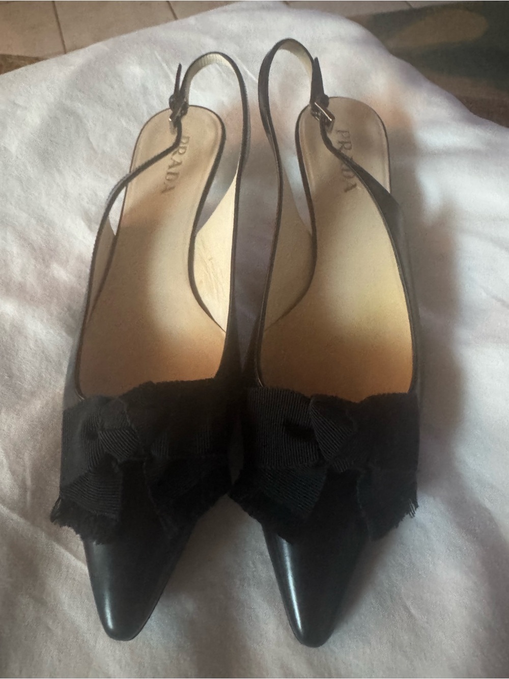 Prada Black Pointed-Toe Slingback Pumps with Bow Accent